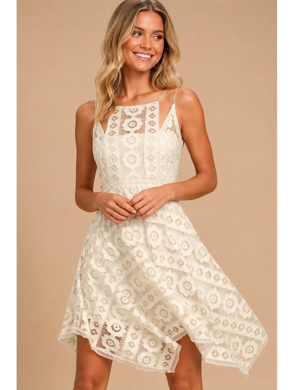 Free People Lace Handkerchief Mini Dress Boho Cream Beige Floral Crochet Size 6